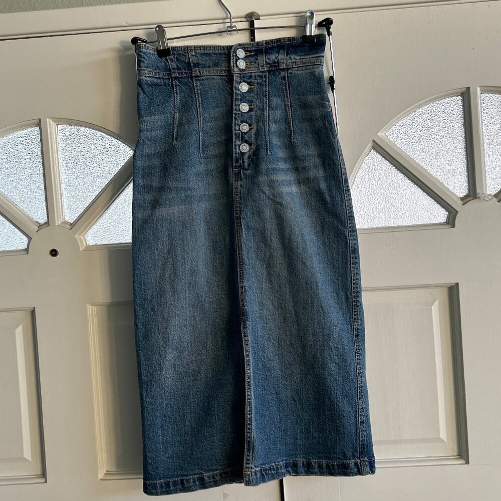 High-Rise Dark Blue Denim Midi Skirt - Unbranded - Picture 2 of 9